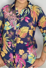 Ethyl Ethyl H1971B5 Navy Multi Print Collar Button Up 3/4 Sleeve Top AK