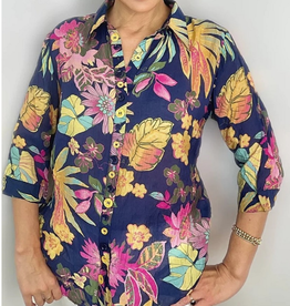 Ethyl Ethyl H1971B5 Navy Multi Print Collar Button Up 3/4 Sleeve Top AK