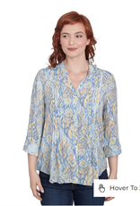 Ruby Rd Ruby Rd Blue/Yellow Print V-Neck Button-Up Pleated 3/4 Slv Top