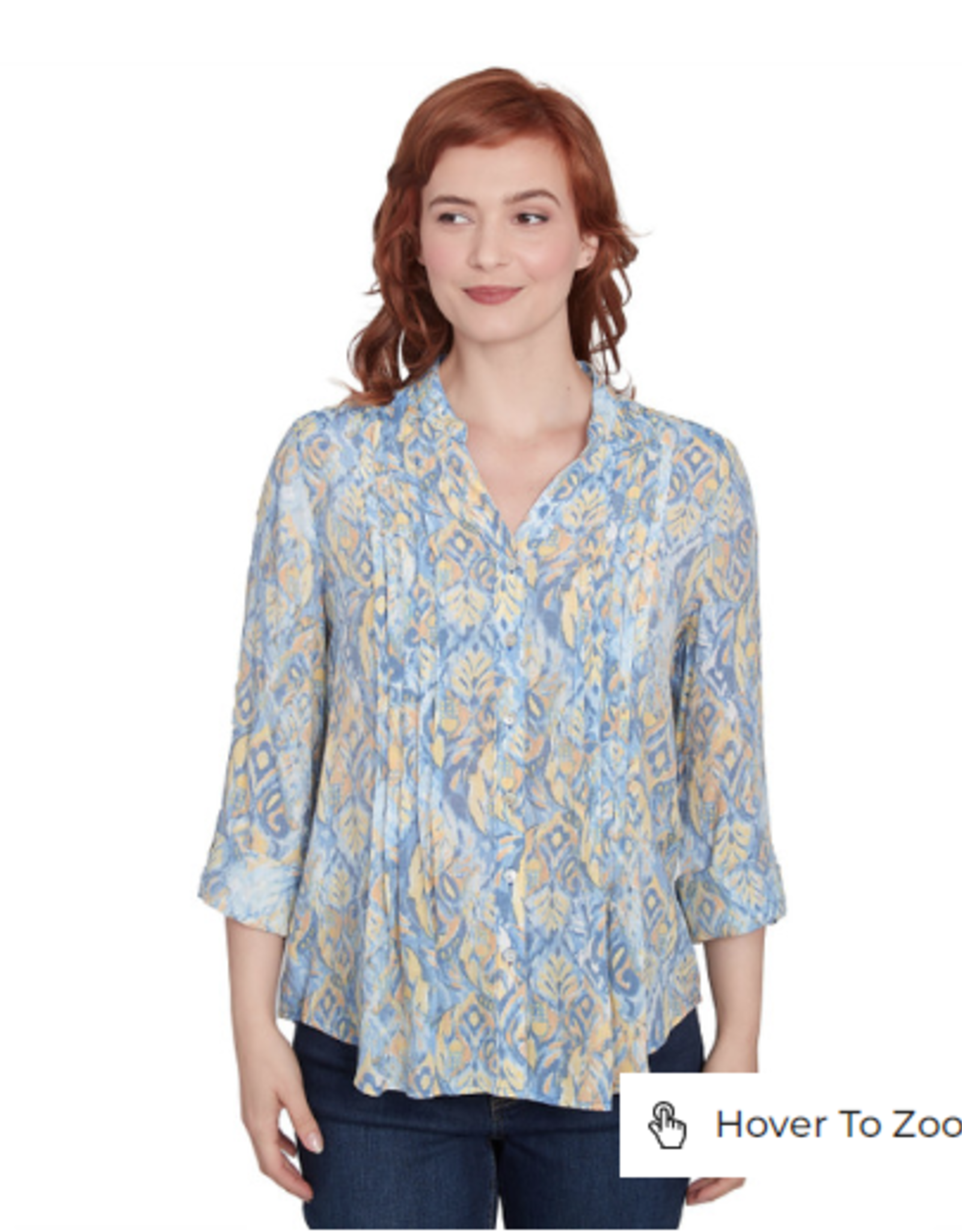 Ruby Rd Ruby Rd Blue/Yellow Print V-Neck Button-Up Pleated 3/4 Slv Top