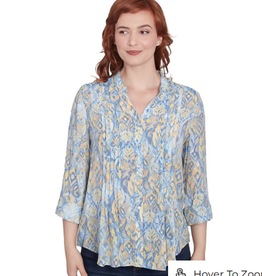 Ruby Rd Ruby Rd Blue/Yellow Print V-Neck Button-Up Pleated 3/4 Slv Top