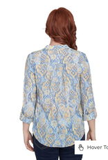 Ruby Rd Ruby Rd Blue/Yellow Print V-Neck Button-Up Pleated 3/4 Slv Top
