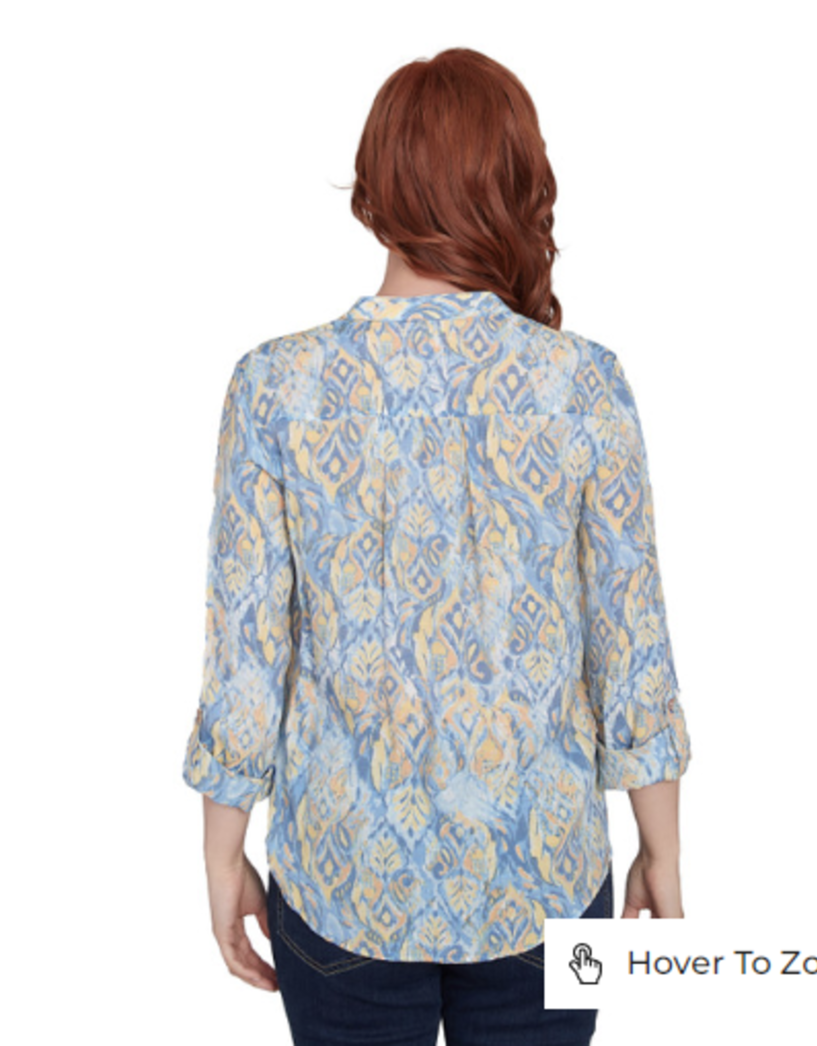 Ruby Rd Ruby Rd Blue/Yellow Print V-Neck Button-Up Pleated 3/4 Slv Top
