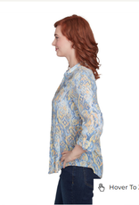 Ruby Rd Ruby Rd Blue/Yellow Print V-Neck Button-Up Pleated 3/4 Slv Top