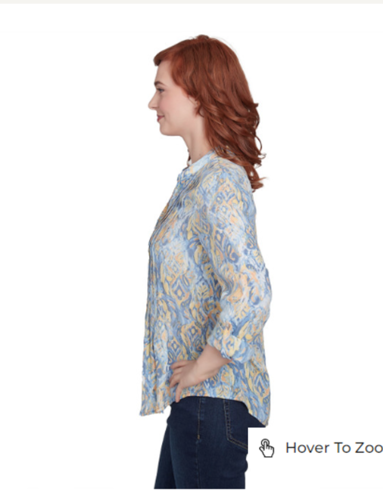 Ruby Rd Ruby Rd Blue/Yellow Print V-Neck Button-Up Pleated 3/4 Slv Top
