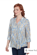 Ruby Rd Ruby Rd Blue/Yellow Print V-Neck Button-Up Pleated 3/4 Slv Top