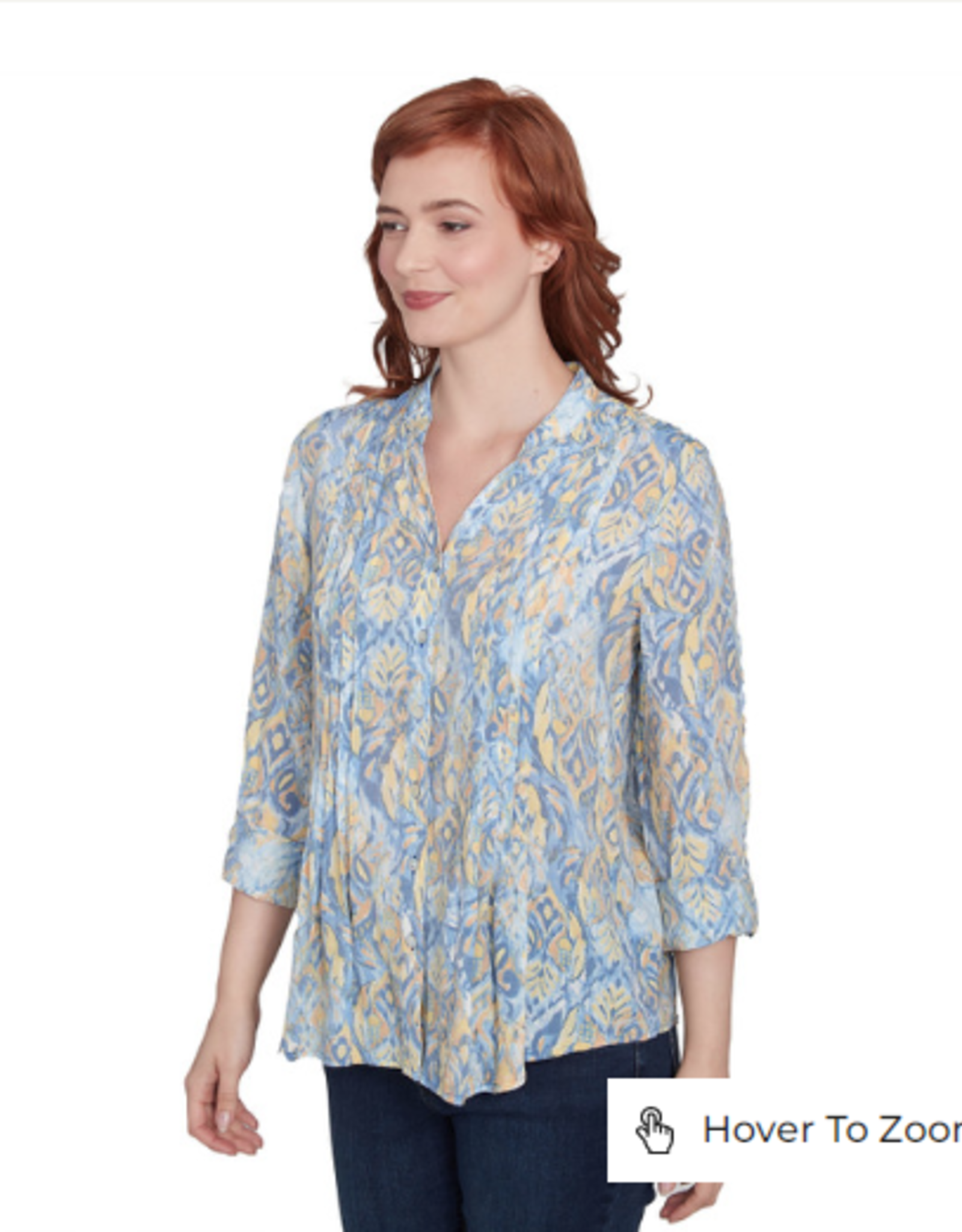 Ruby Rd Ruby Rd Blue/Yellow Print V-Neck Button-Up Pleated 3/4 Slv Top