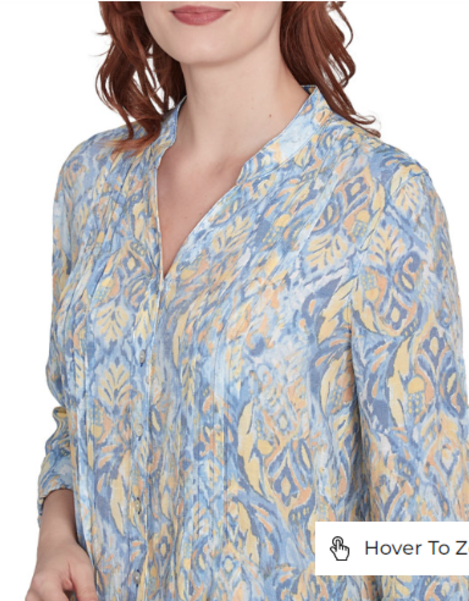 Ruby Rd Ruby Rd Blue/Yellow Print V-Neck Button-Up Pleated 3/4 Slv Top