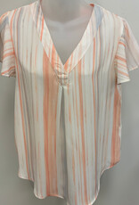 Ruby Rd Emaline  Ivory/Salmon Stripe V-Neck Pleat Flutter S/S