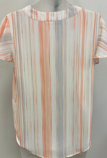 Ruby Rd Emaline  Ivory/Salmon Stripe V-Neck Pleat Flutter S/S