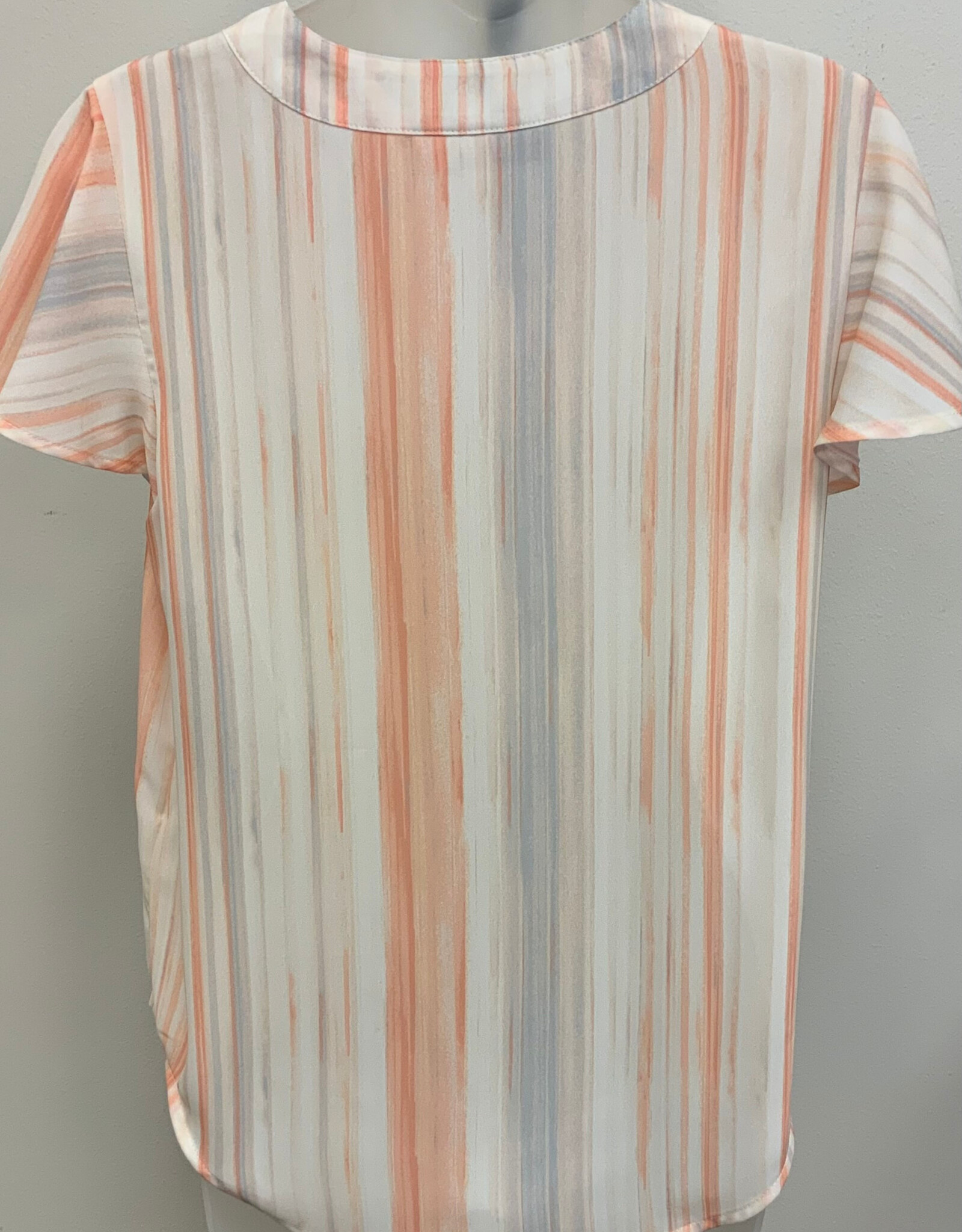 Ruby Rd Emaline  Ivory/Salmon Stripe V-Neck Pleat Flutter S/S