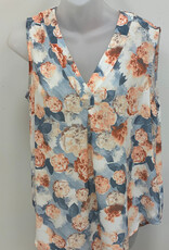 Ruby Rd Emaline Blue/Salmon Floral Print V-Neck w/Pleat Sleeveless Top