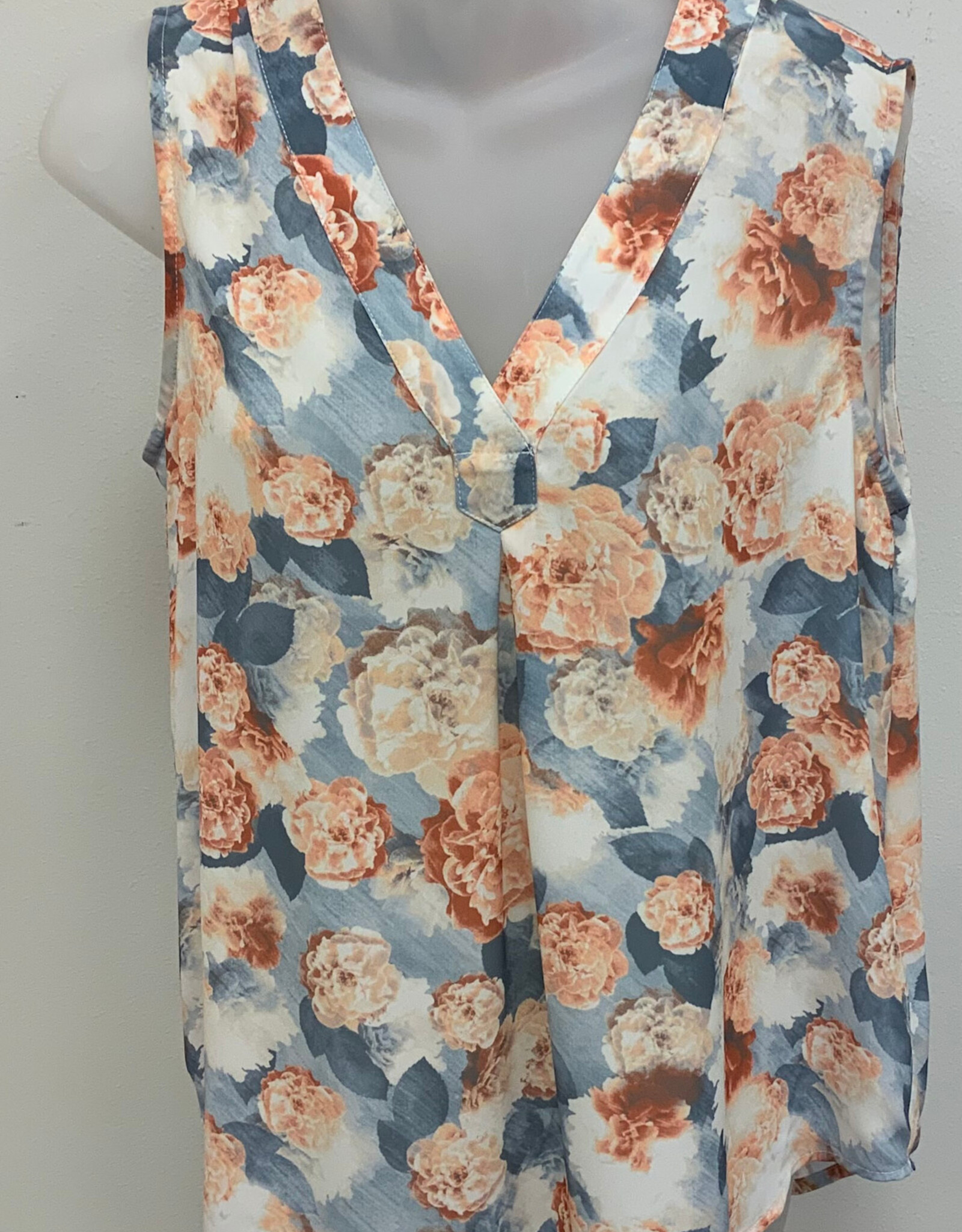 Ruby Rd Emaline Blue/Salmon Floral Print V-Neck w/Pleat Sleeveless Top