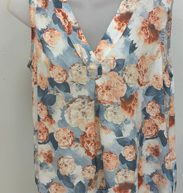 Ruby Rd Emaline Blue/Salmon Floral Print V-Neck w/Pleat Sleeveless Top