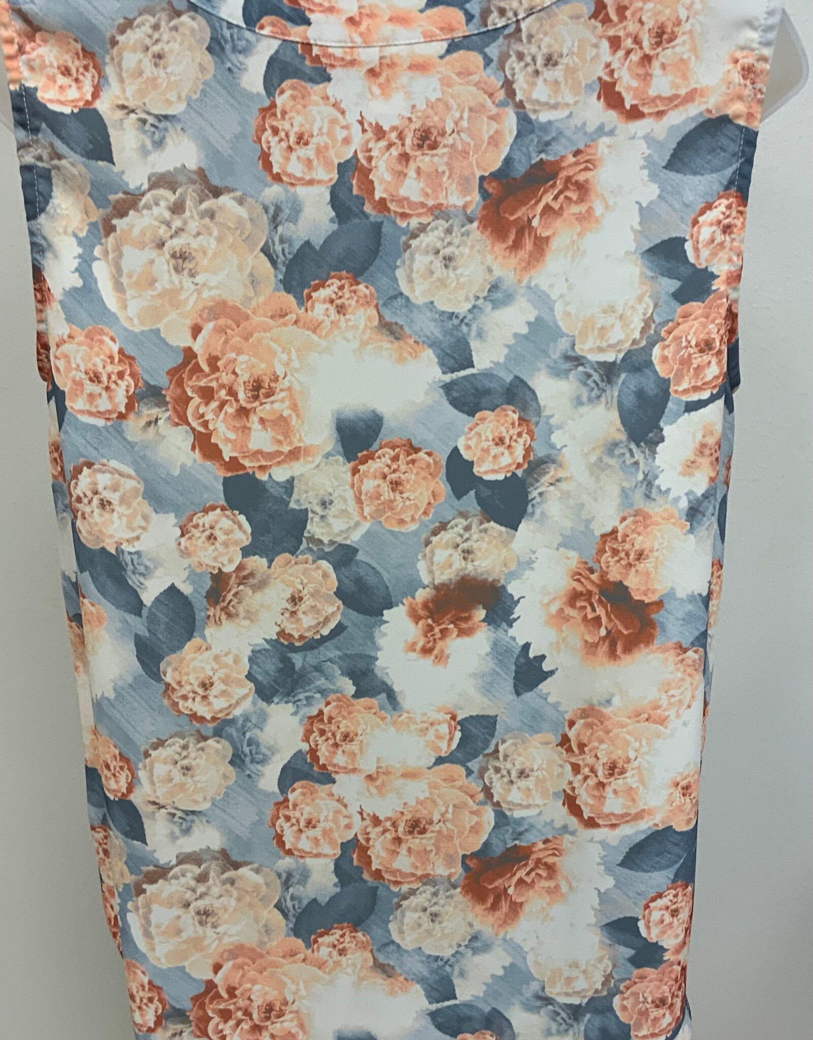 Ruby Rd Emaline Blue/Salmon Floral Print V-Neck w/Pleat Sleeveless Top