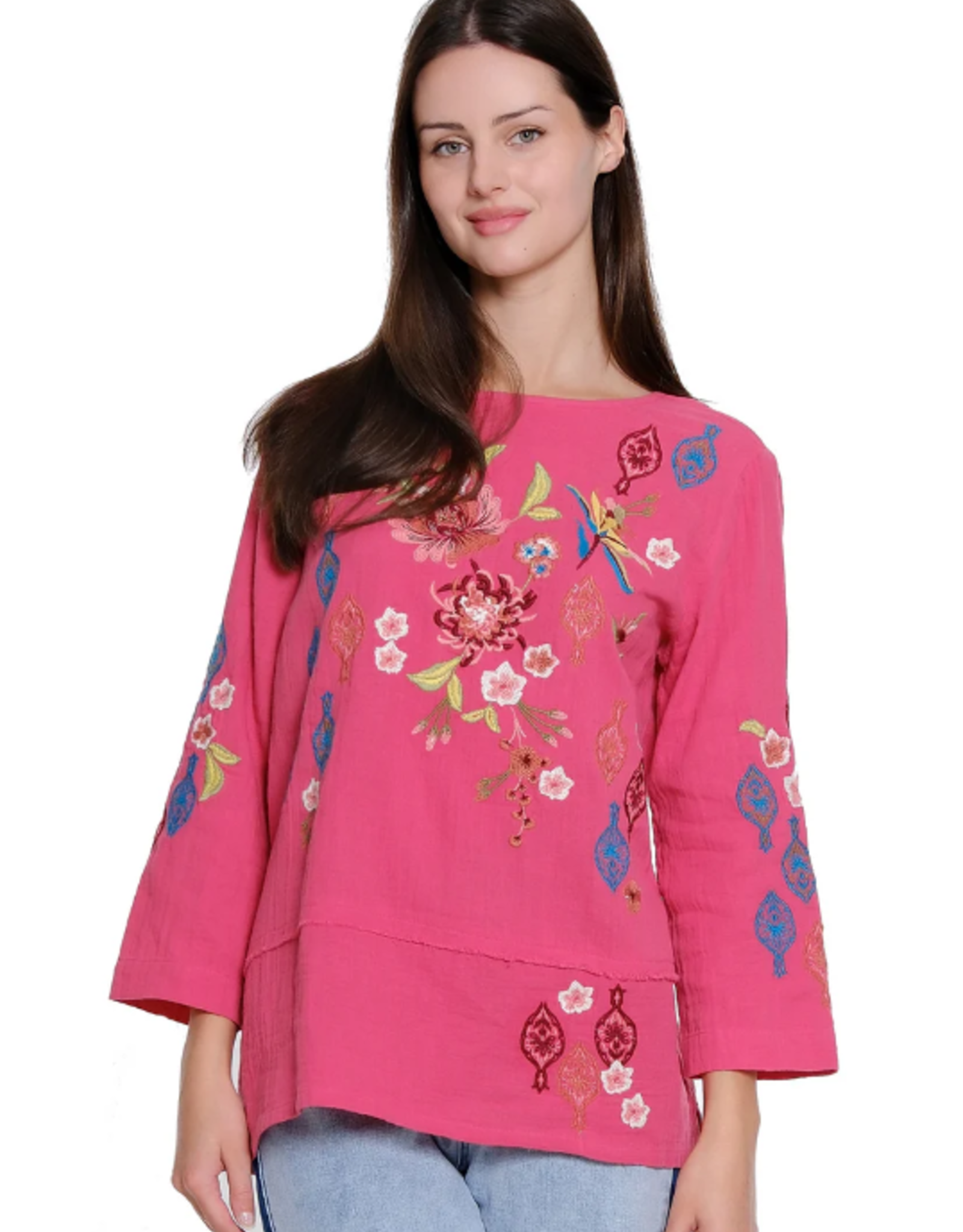 Tru Luxe Tru Luxe Raspberry Long Sleeve Embroidered Detail Top