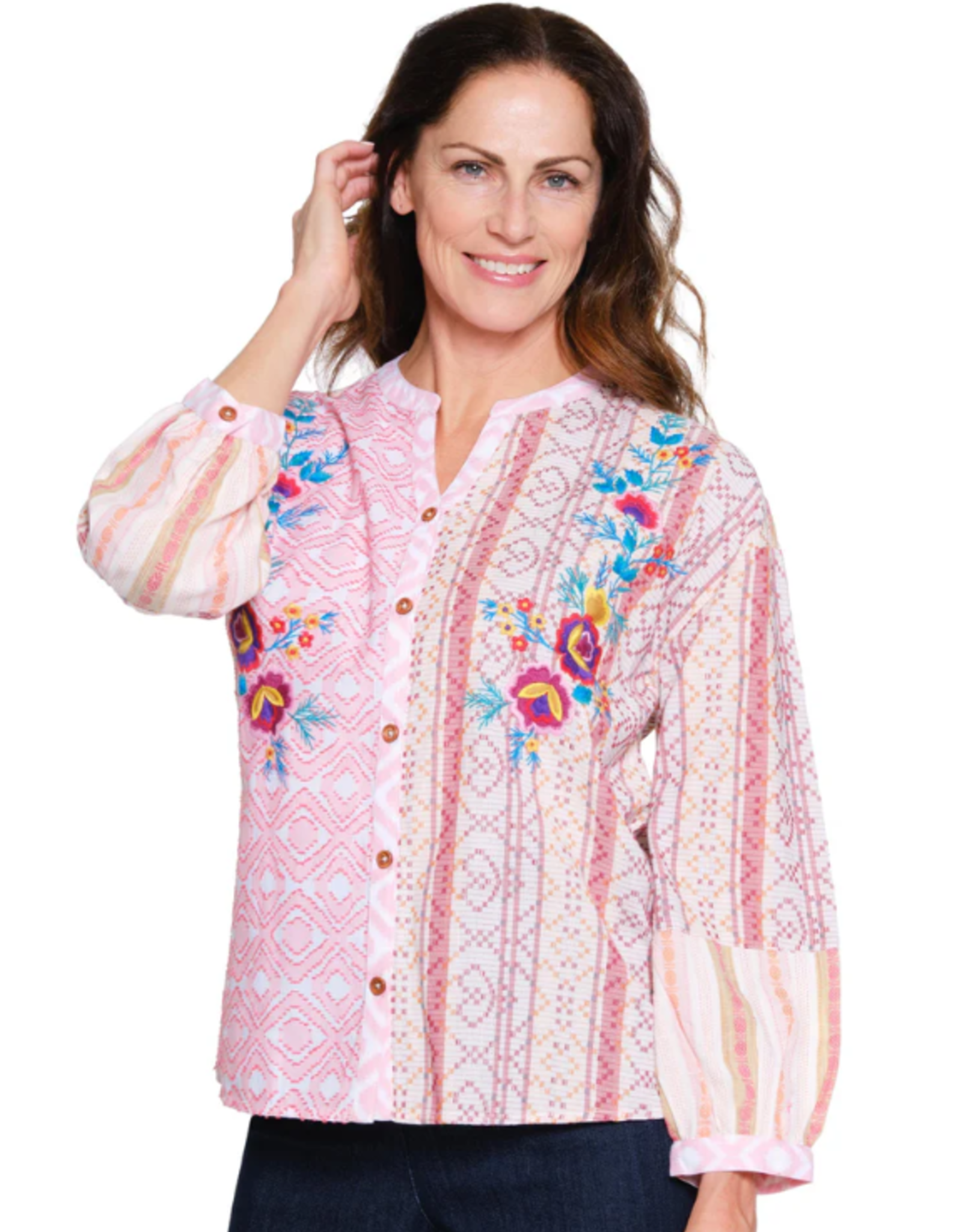 Tru Luxe Tru Luxe V-Neck Button Up  Long Sleeve  Embroider Detail