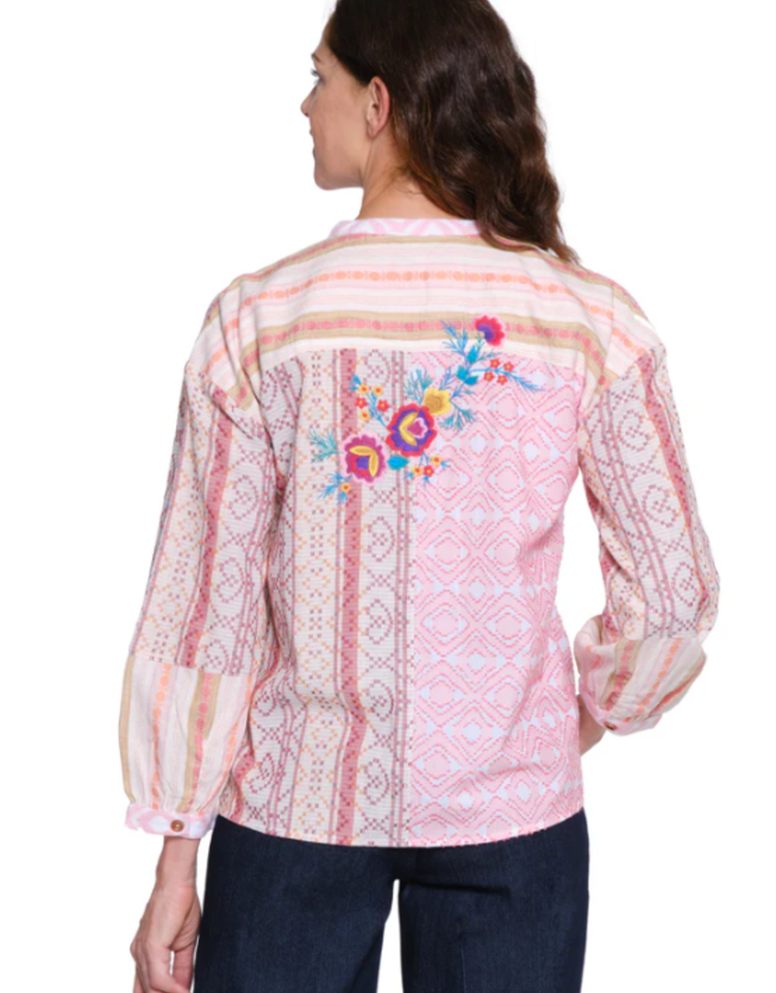 Tru Luxe Tru Luxe V-Neck Button Up  Long Sleeve  Embroider Detail