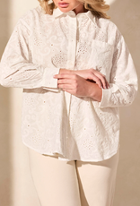 Tribal Tribal White Button-Up Long Sleeve Embroidery Detail Top