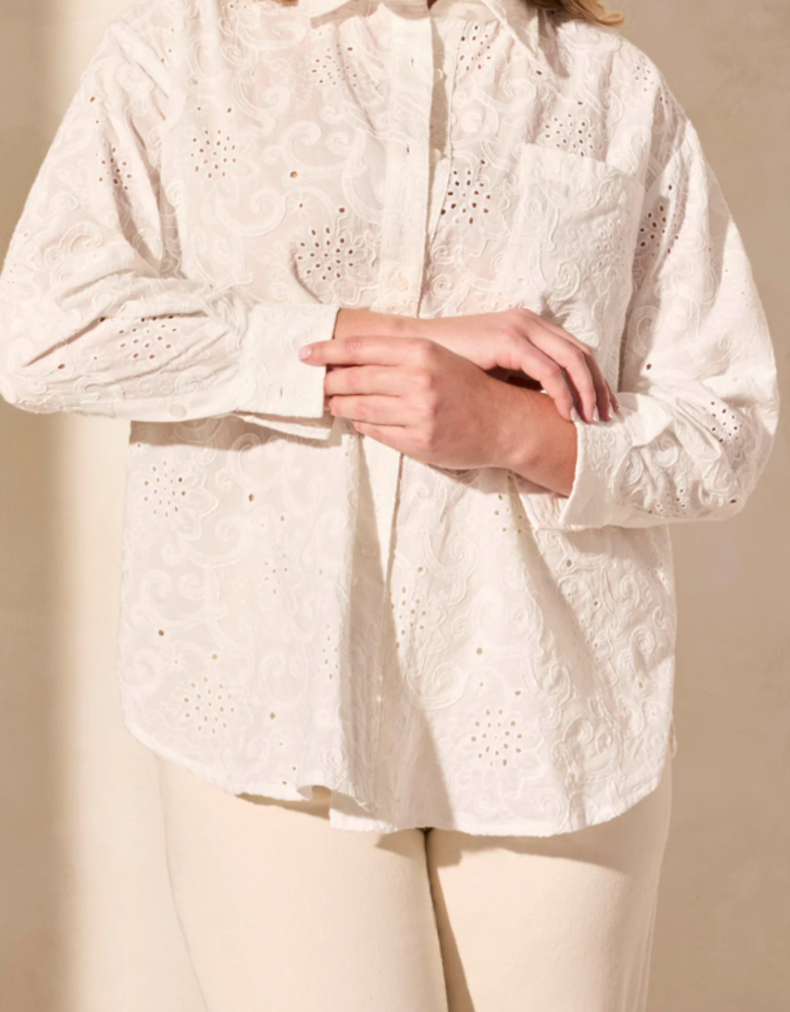 Tribal Tribal White Button-Up Long Sleeve Embroidery Detail Top