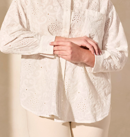 Tribal Tribal White Button-Up Long Sleeve Embroidery Detail Top