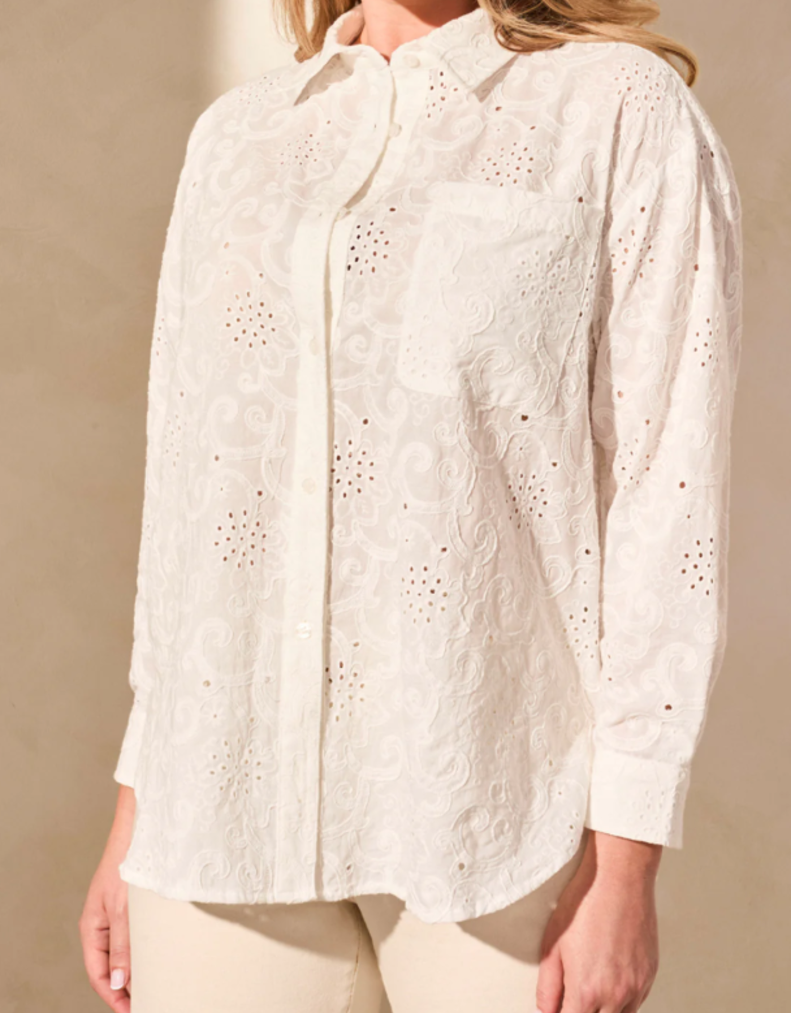 Tribal Tribal White Button-Up Long Sleeve Embroidery Detail Top