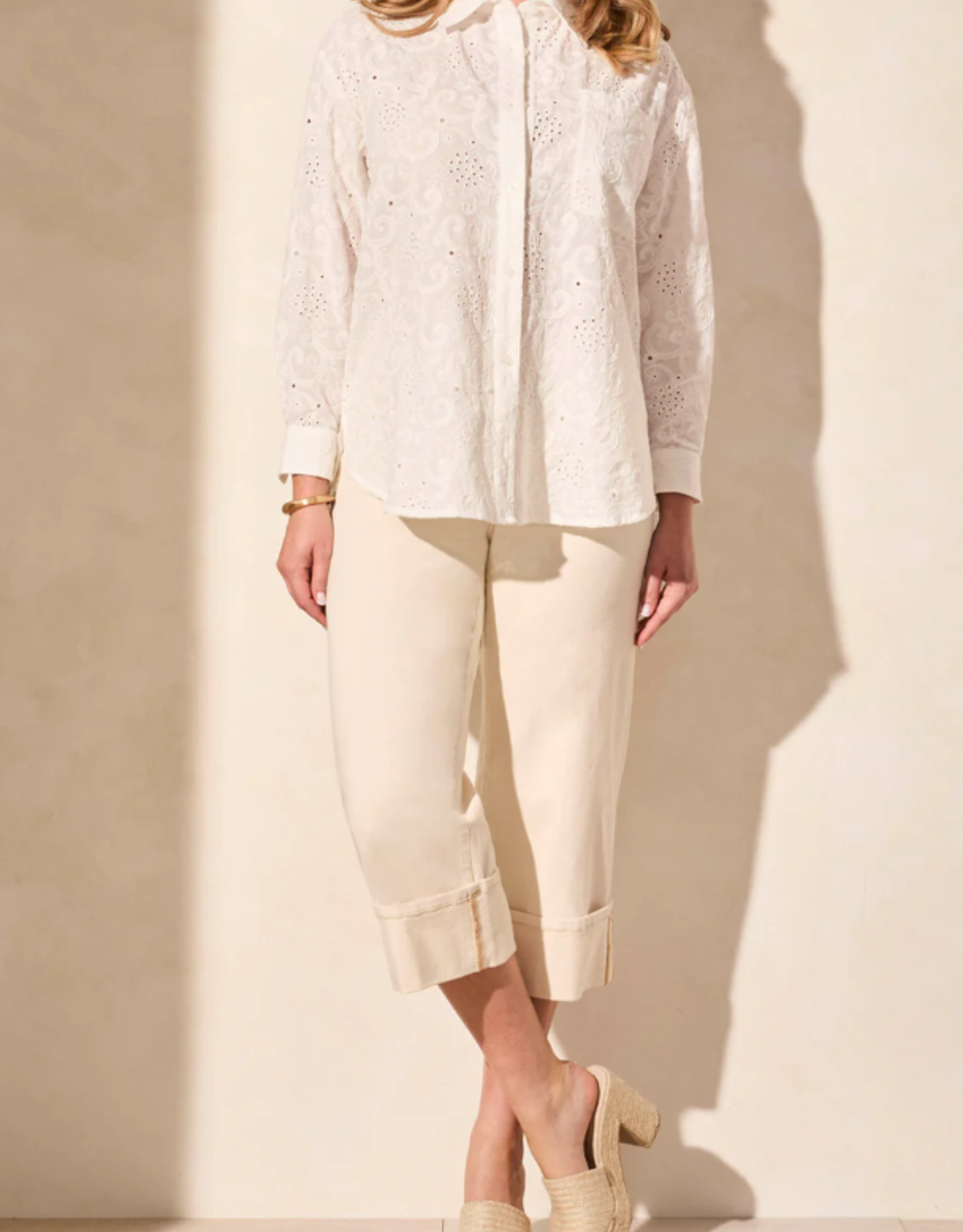 Tribal Tribal White Button-Up Long Sleeve Embroidery Detail Top