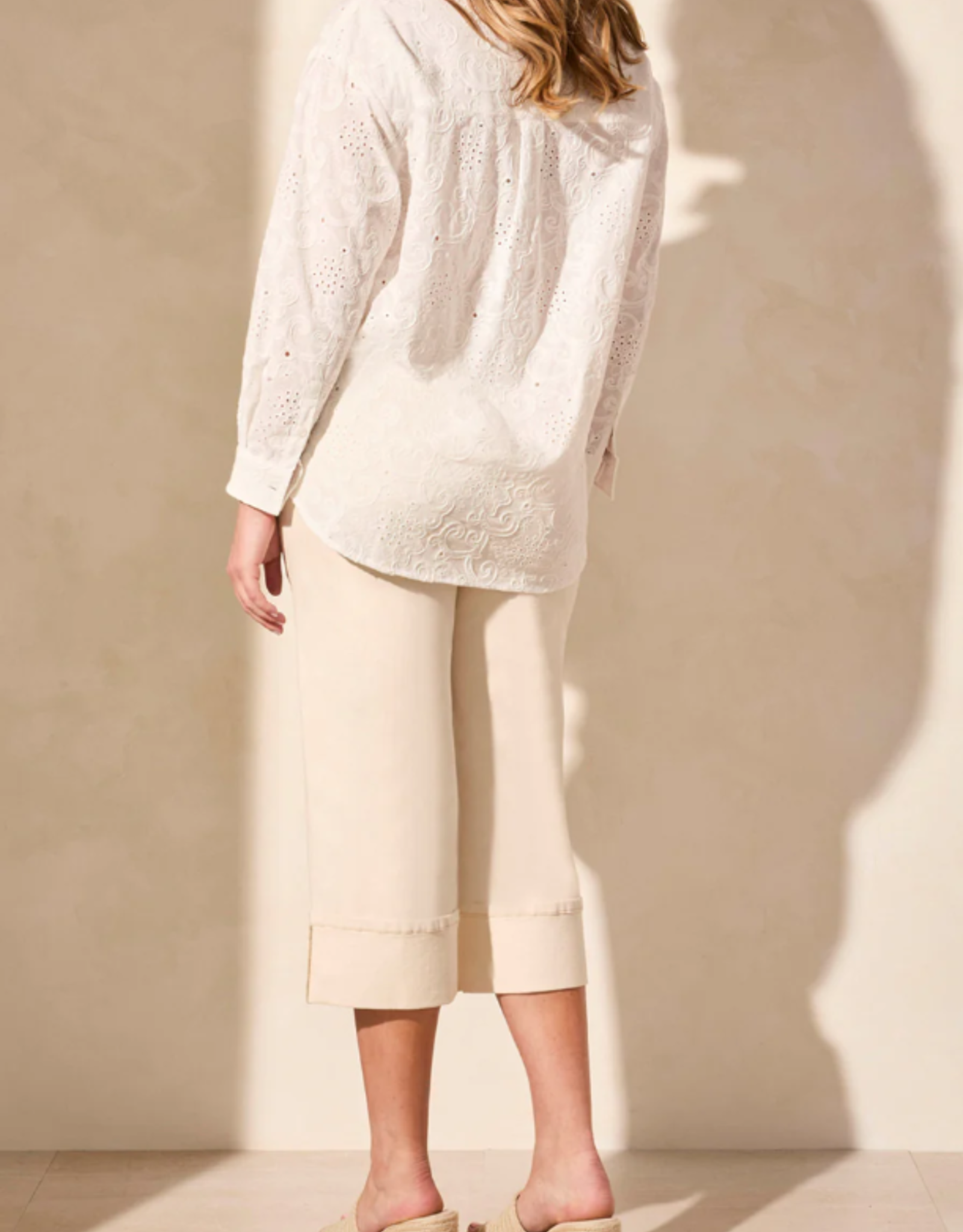 Tribal Tribal White Button-Up Long Sleeve Embroidery Detail Top