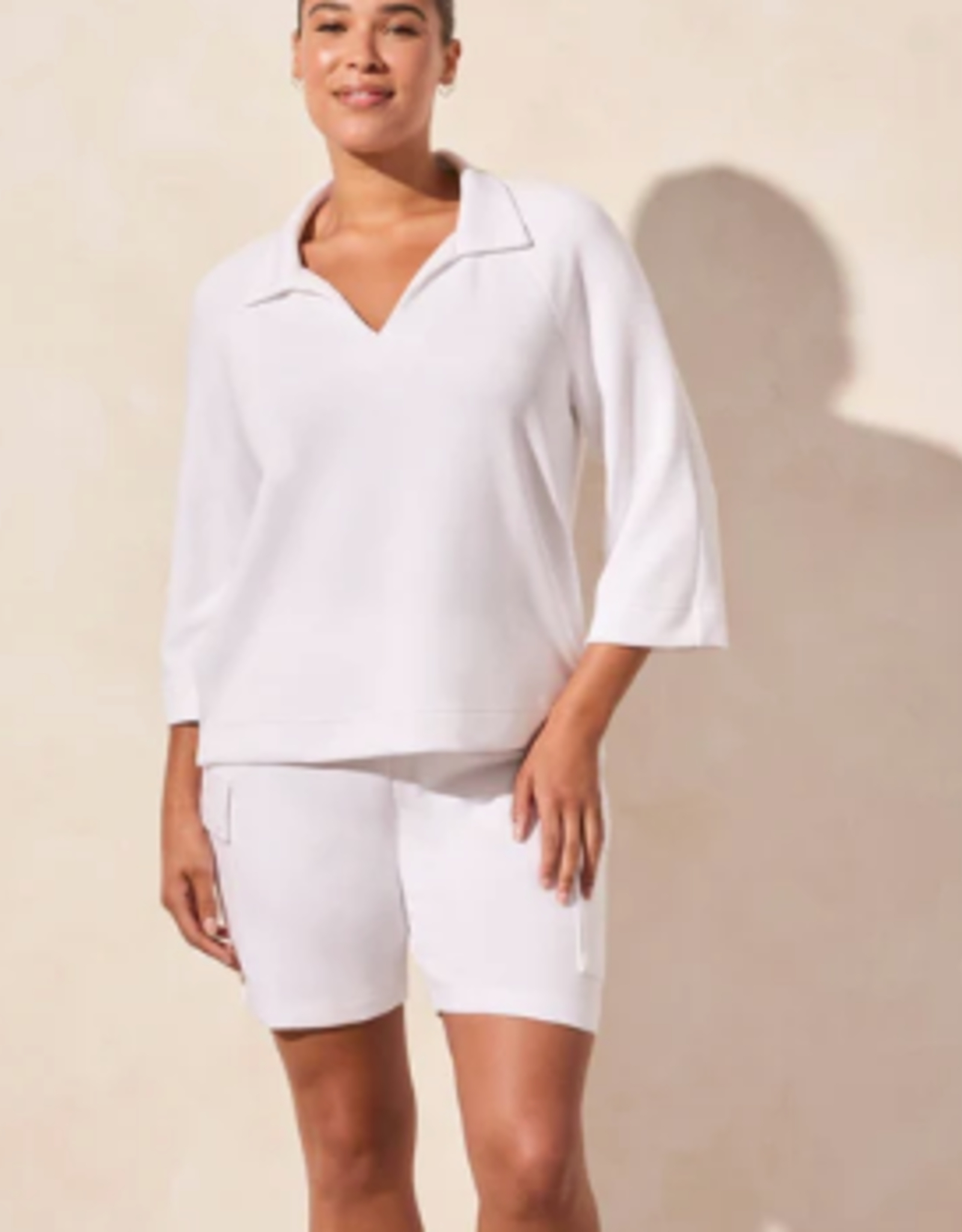 Tribal Tribal White Henley W/ Side Slits 3/4 Sleeve AR