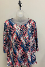 L.Hamrick Southern Lady Terra Rose Diamond Print 3/4 Slv Petite Top