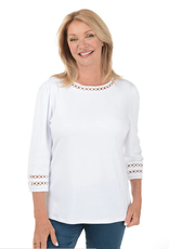 N Touch N Touch White Petite w/Ring Stitch Detail Neck & 3/4 Slv Top