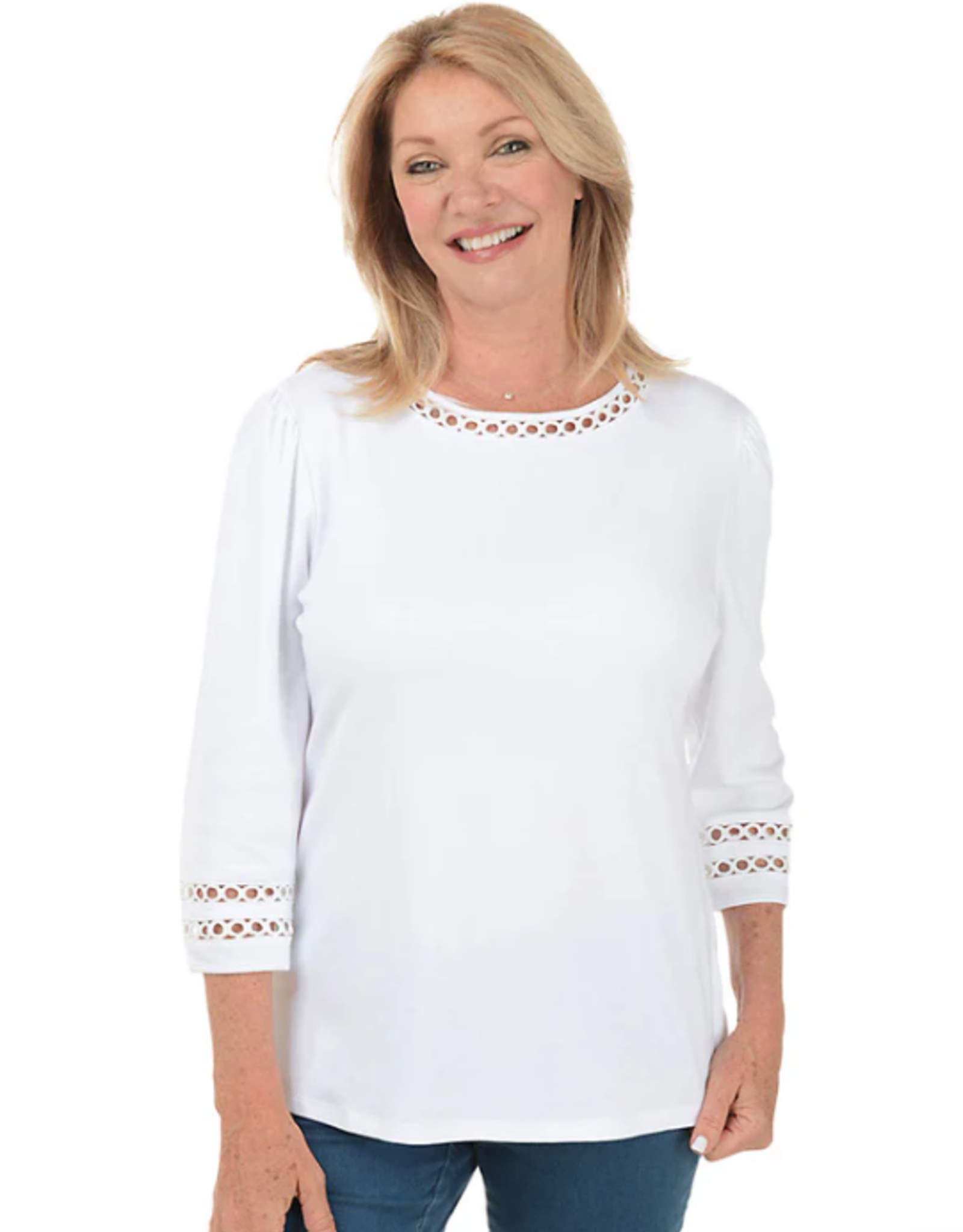 N Touch N Touch White Petite w/Ring Stitch Detail Neck & 3/4 Slv Top