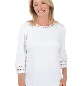 N Touch N Touch White Petite w/Ring Stitch Detail Neck & 3/4 Slv Top