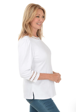 N Touch N Touch White Petite w/Ring Stitch Detail Neck & 3/4 Slv Top