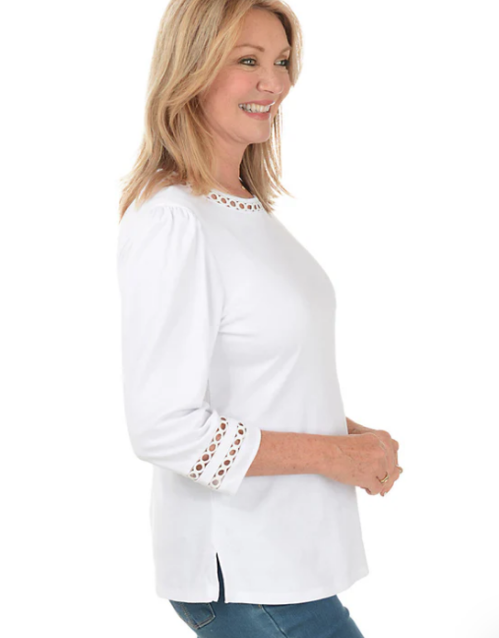 N Touch N Touch White Petite w/Ring Stitch Detail Neck & 3/4 Slv Top
