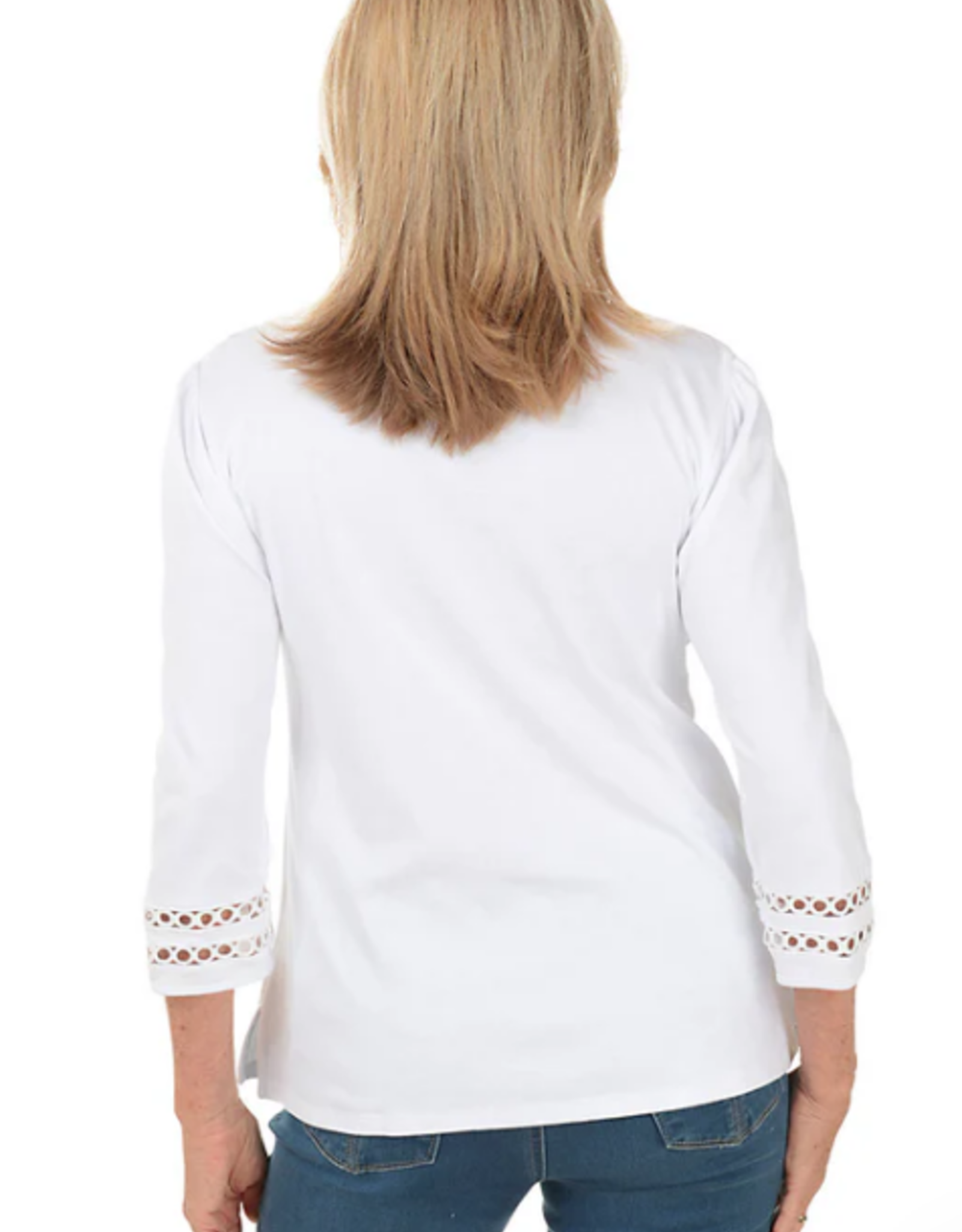 N Touch N Touch White Petite w/Ring Stitch Detail Neck & 3/4 Slv Top