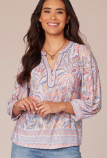 Democracy Democracy Multi Color V Neck Half Placket 3/4 Sleeve Petite Top LK
