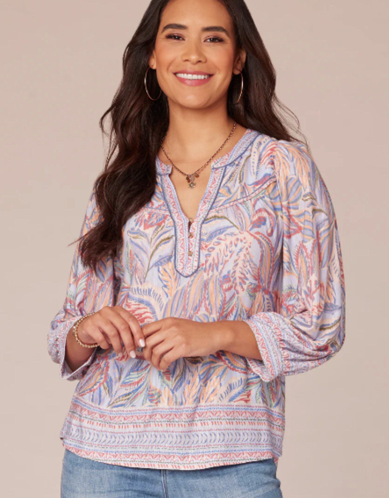 Democracy Democracy Multi Color V Neck Half Placket 3/4 Sleeve Petite Top LK