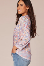 Democracy Democracy Multi Color V Neck Half Placket 3/4 Sleeve Petite Top LK
