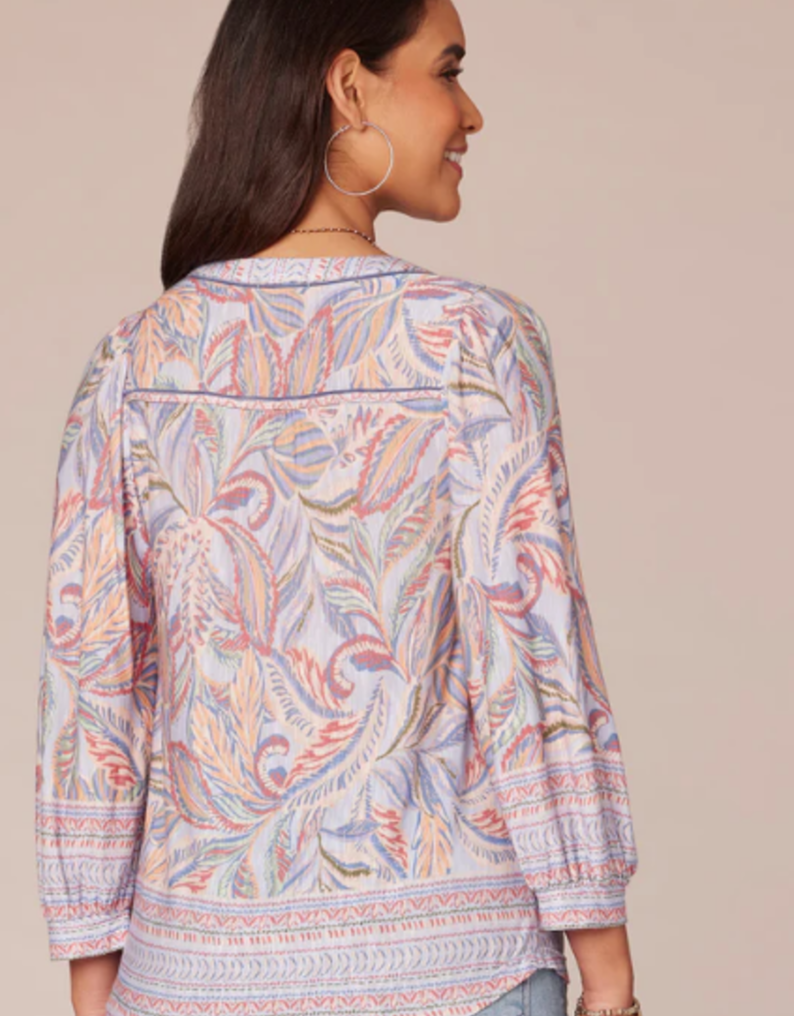 Democracy Democracy Multi Color V Neck Half Placket 3/4 Sleeve Petite Top LK