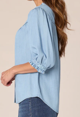 Democracy Democracy V-Neck  Crochet Inset Button Up  Elbow Sleeve Top AB