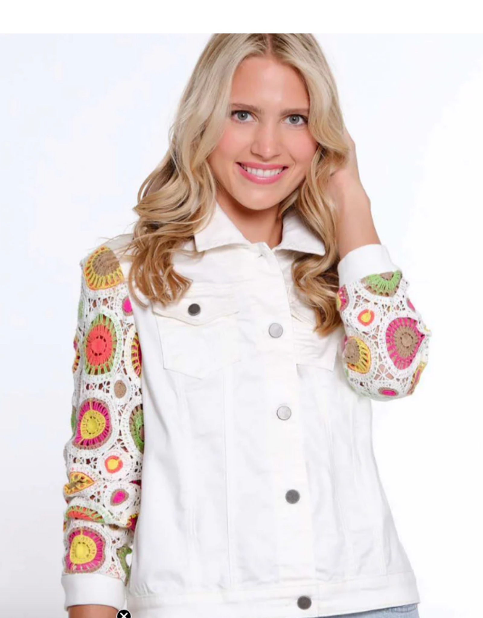 Multiples Multiples  White Denim Crochet Detail Long Sleeve Jacket KE