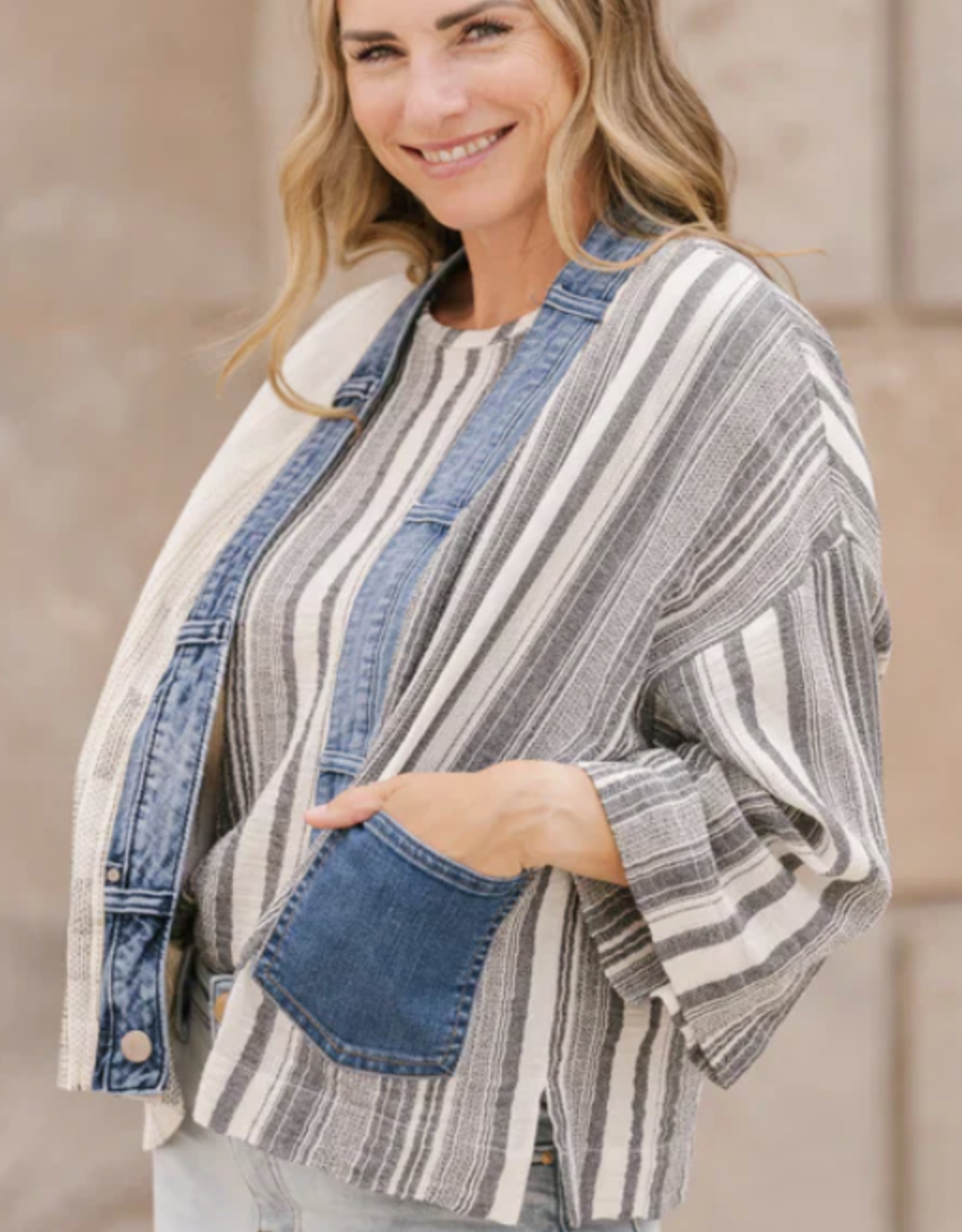 Shannon Passero Shannon Passero Black Stripe Mix w/Denim Acct.  Cardigan