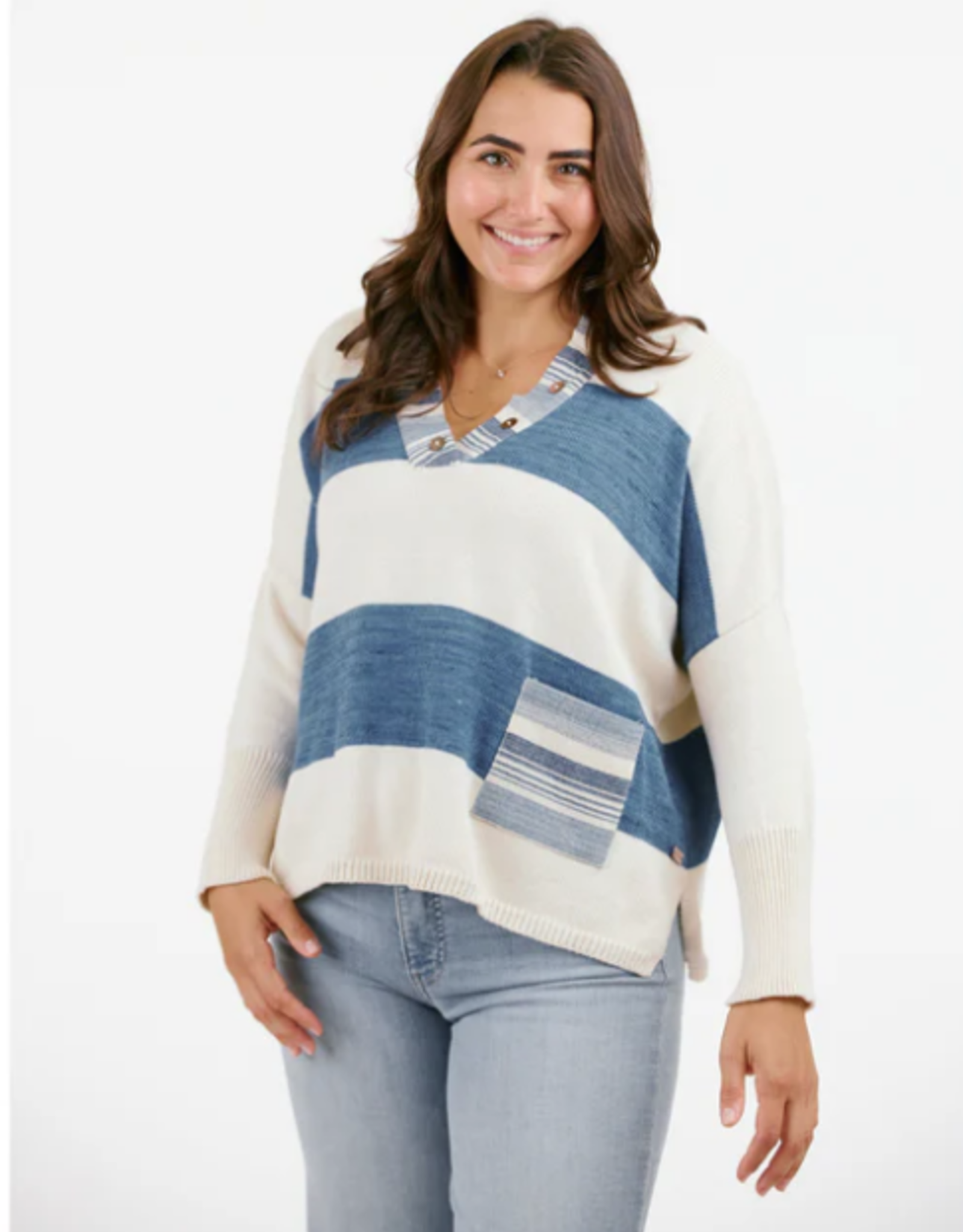 Shannon Passero Shannon Passero Cream/Indigo Stripe w/Patch Acct. V-neck L/S