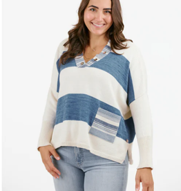 Shannon Passero Shannon Passero Cream/Indigo Stripe w/Patch Acct. V-neck L/S