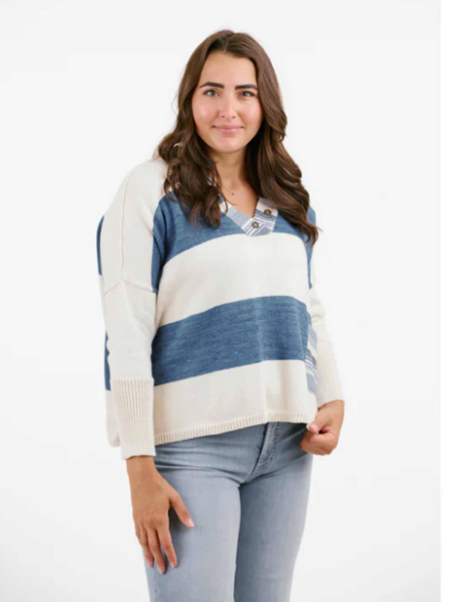 Shannon Passero Shannon Passero Cream/Indigo Stripe w/Patch Acct. V-neck L/S