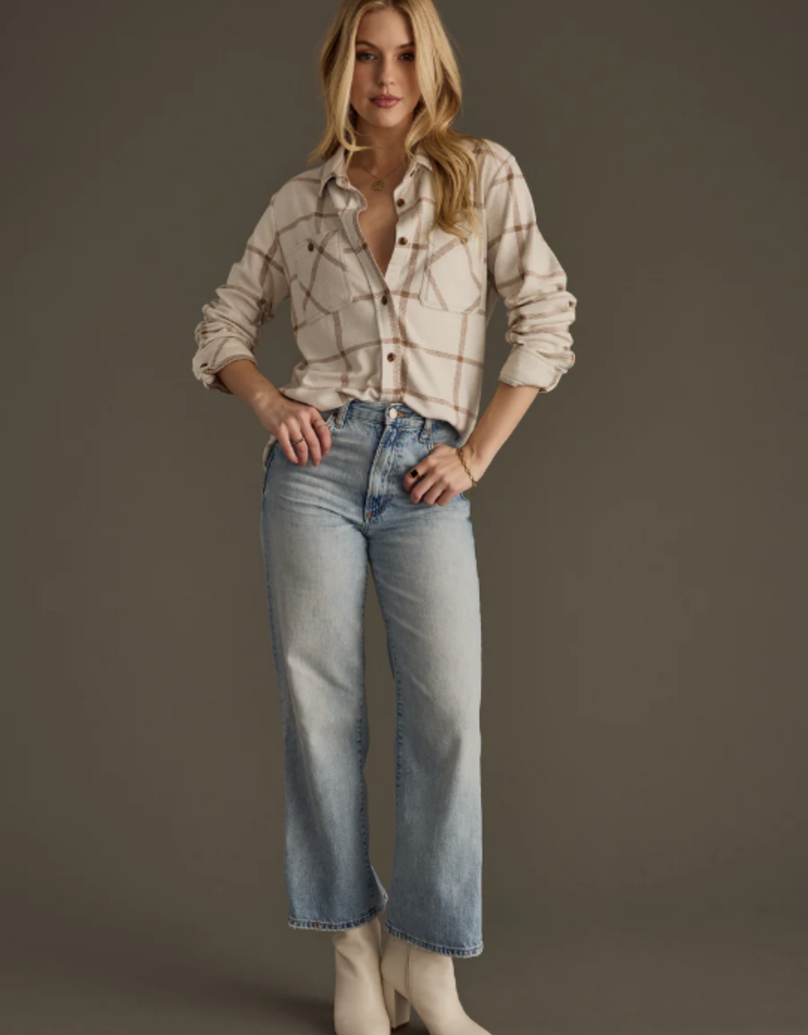 Panache Apparel Panache Apparel Beige/Brown Plaid Button-Up Top