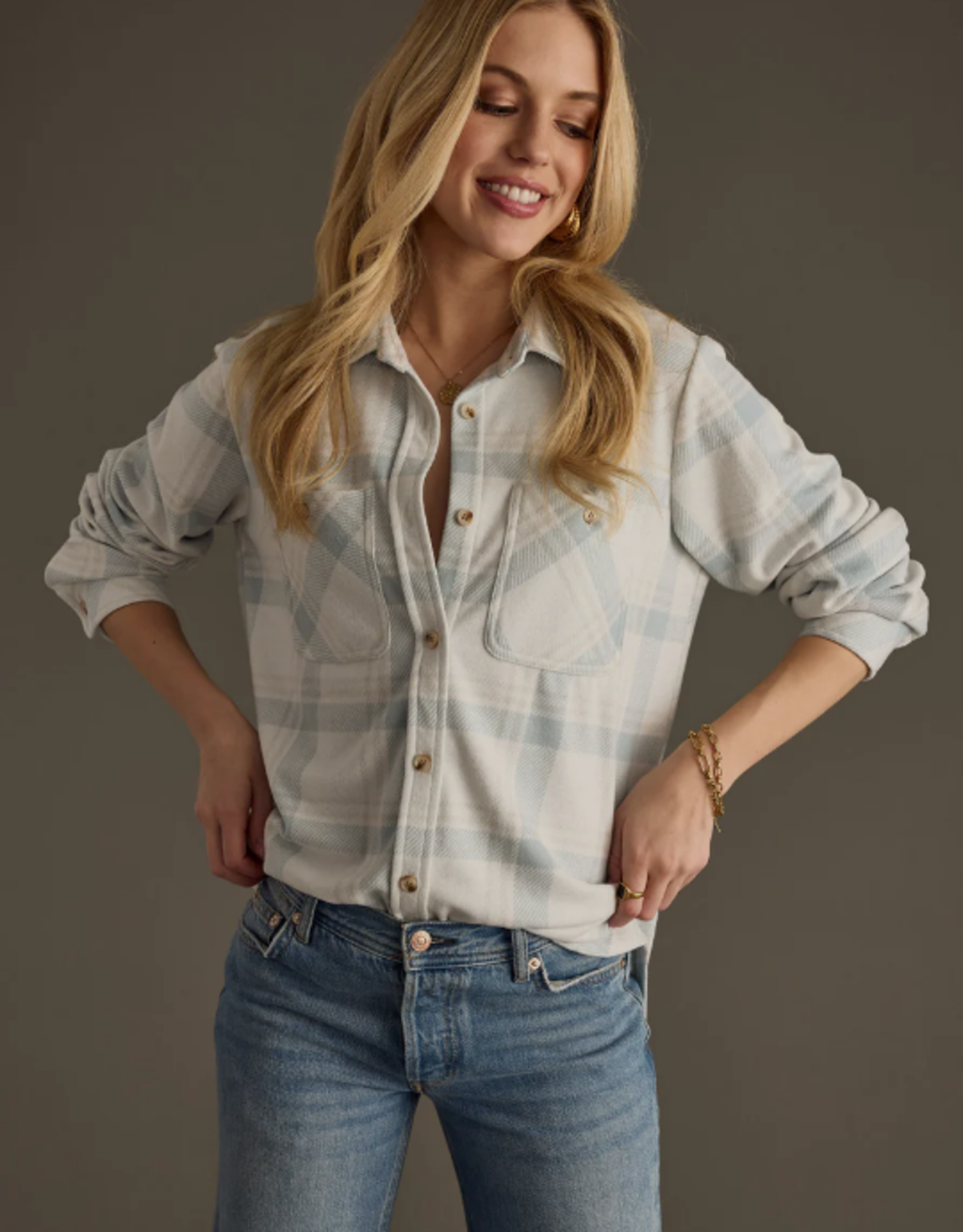 Panache Apparel Panache Apparel Dusty Teal/Grey Plaid Button-Up Top