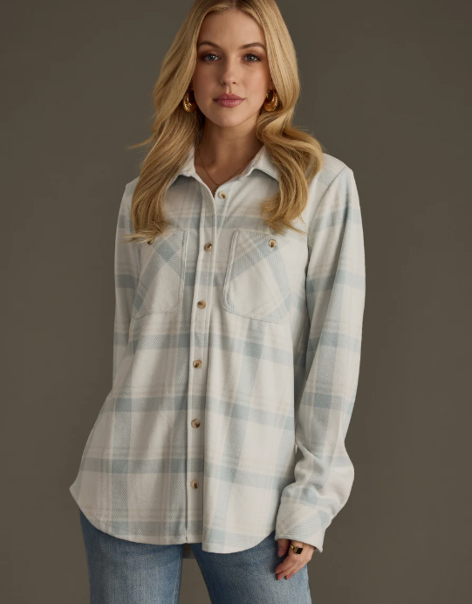 Panache Apparel Panache Apparel Dusty Teal/Grey Plaid Button-Up Top