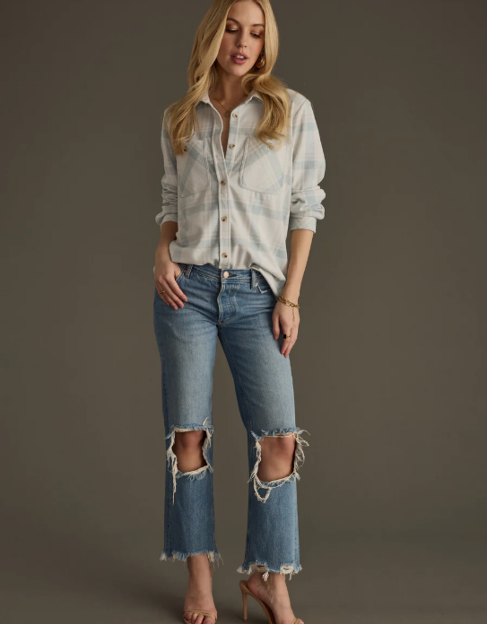 Panache Apparel Panache Apparel Dusty Teal/Grey Plaid Button-Up Top